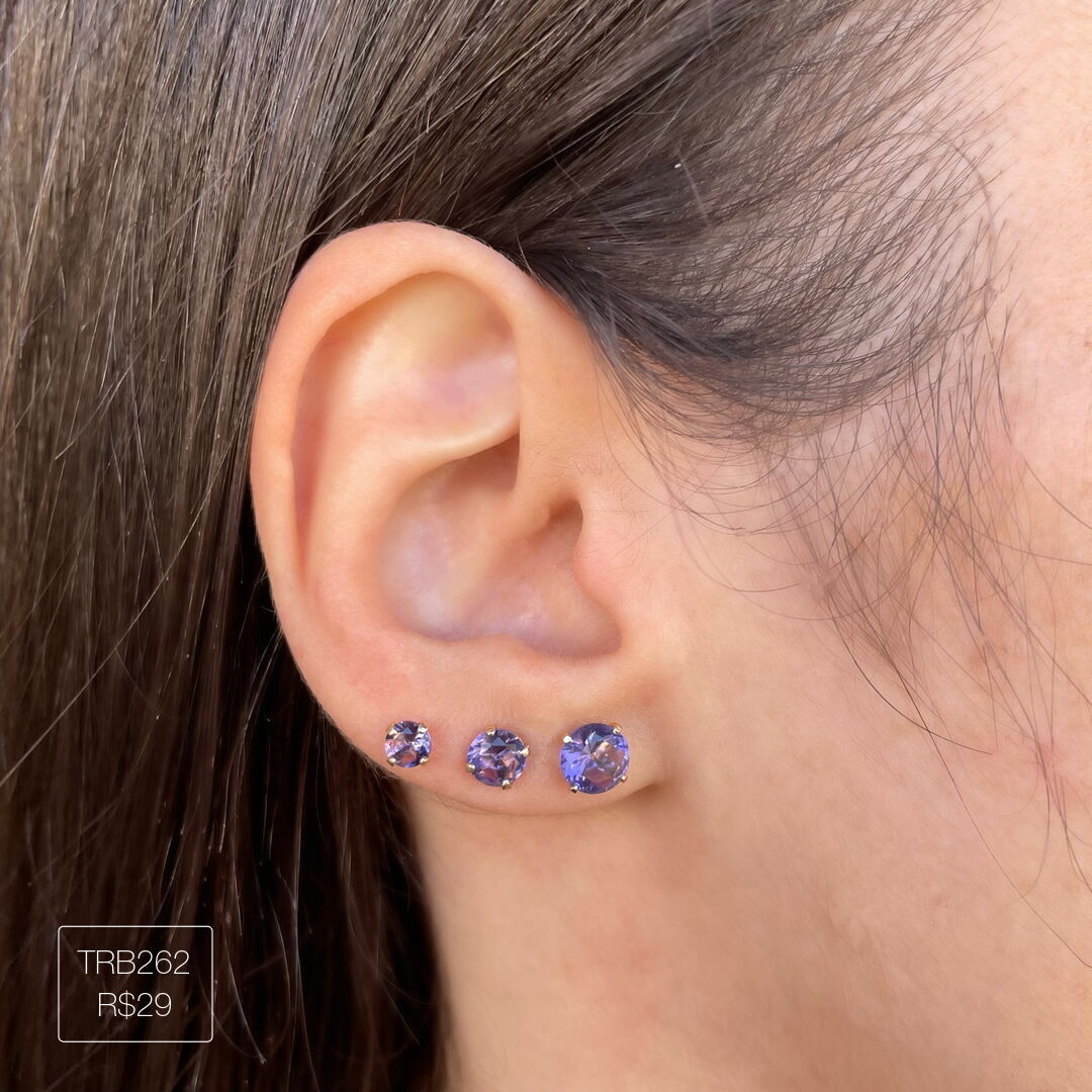 Trio de Brincos de Zircônia Roxa Dourado